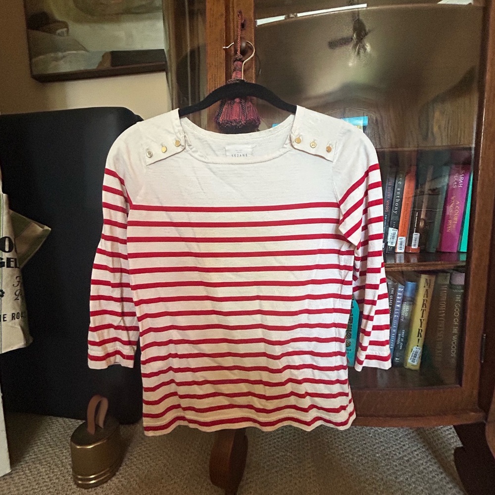 RARE Sezane Red and White 3/4 Sleeve Loic Tee - Breton Nautical Style